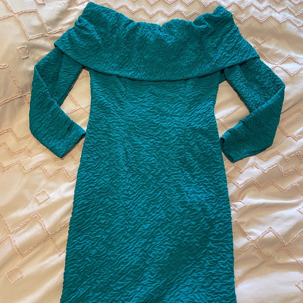 Lorrie Kabala attitudes green off shoulder dress
